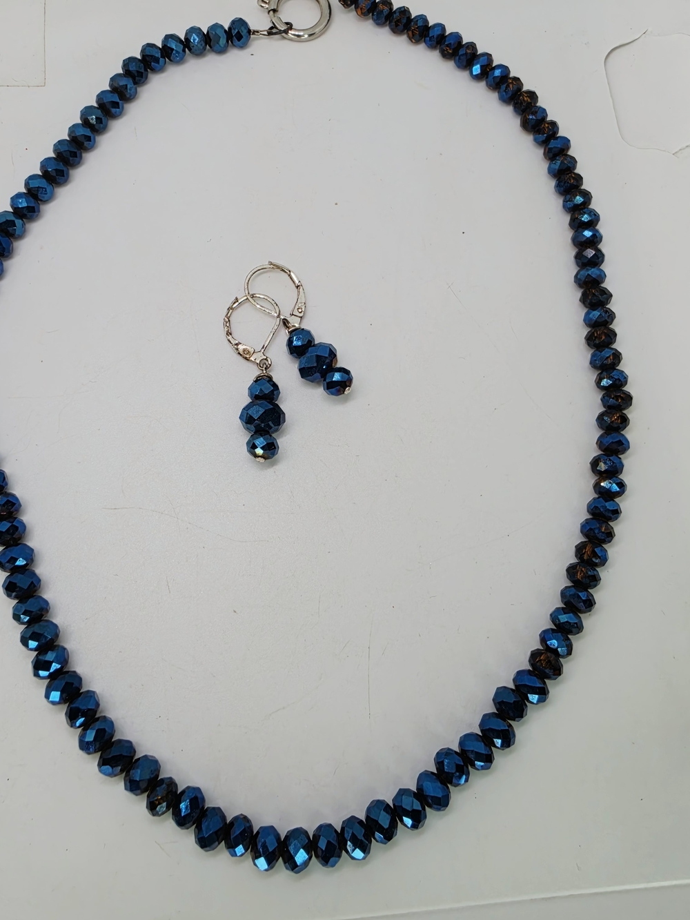 Vtg Y2k Glam Iridescent Metallic Blue Faceted Crystal Bead Necklace Earrings Set